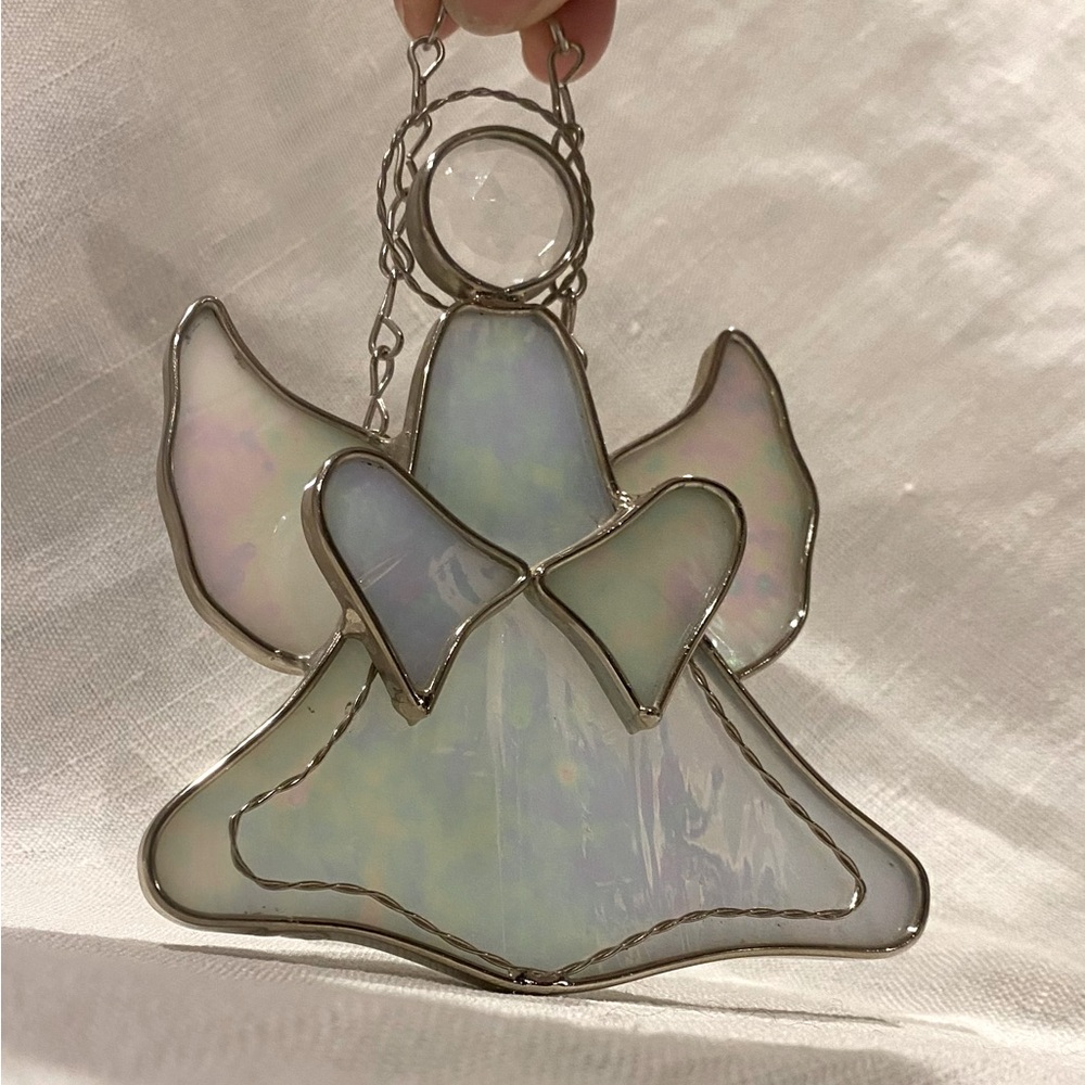 Vintage Christmas ornament - Stained glass angel - white / iridescent with chain